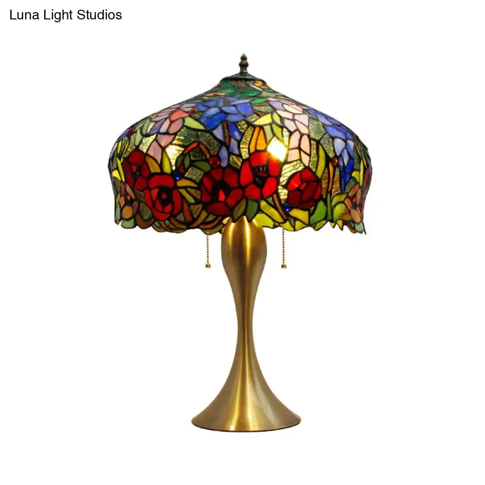 Gold Stained Glass Table Lamp with Flower Pattern - Classic Nightstand Lighting, 3 Bulbs, Pull Chain