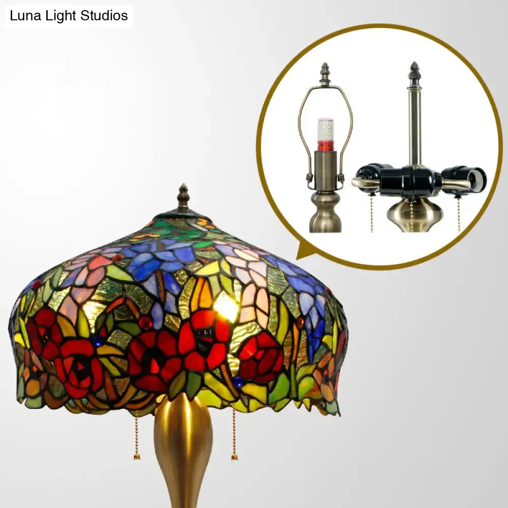 Gold Stained Glass Table Lamp with Flower Pattern - Classic Nightstand Lighting, 3 Bulbs, Pull Chain