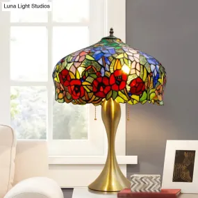 Gold Stained Glass Table Lamp with Flower Pattern - Classic Nightstand Lighting, 3 Bulbs, Pull Chain