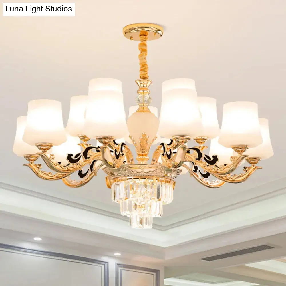 Gold Tapered Chandelier Lamp: Elegant Pendulum Light with White Frosted Glass Shade for Living Room