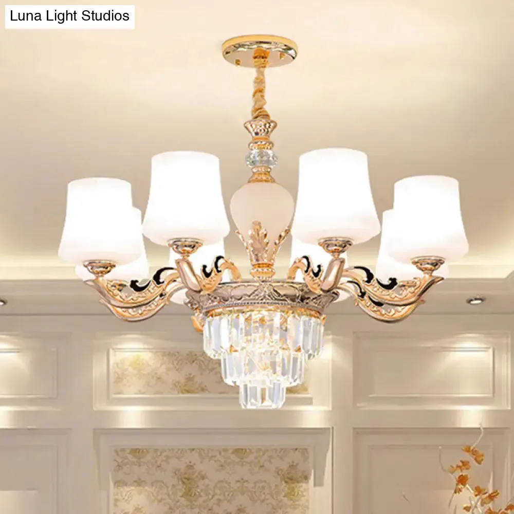 Gold Tapered Chandelier Lamp: Elegant Pendulum Light with White Frosted Glass Shade for Living Room