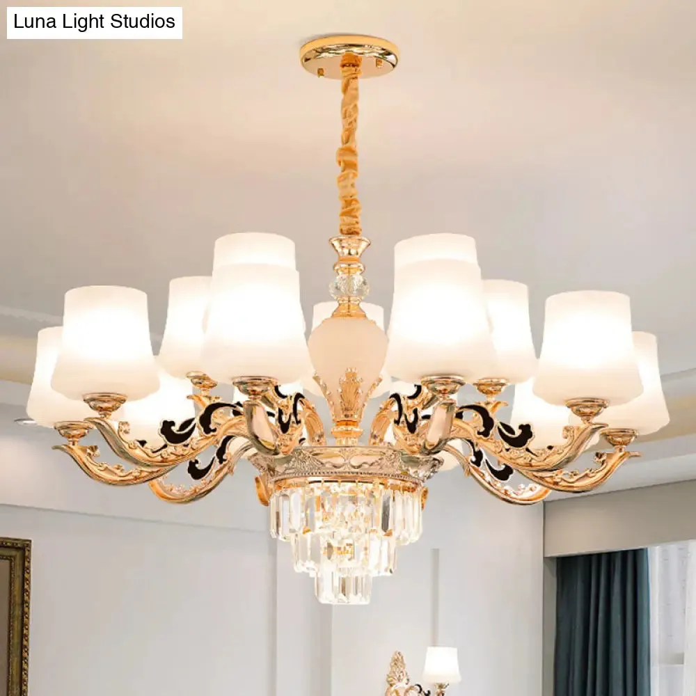 Gold Tapered Chandelier Lamp: Elegant Pendulum Light with White Frosted Glass Shade for Living Room