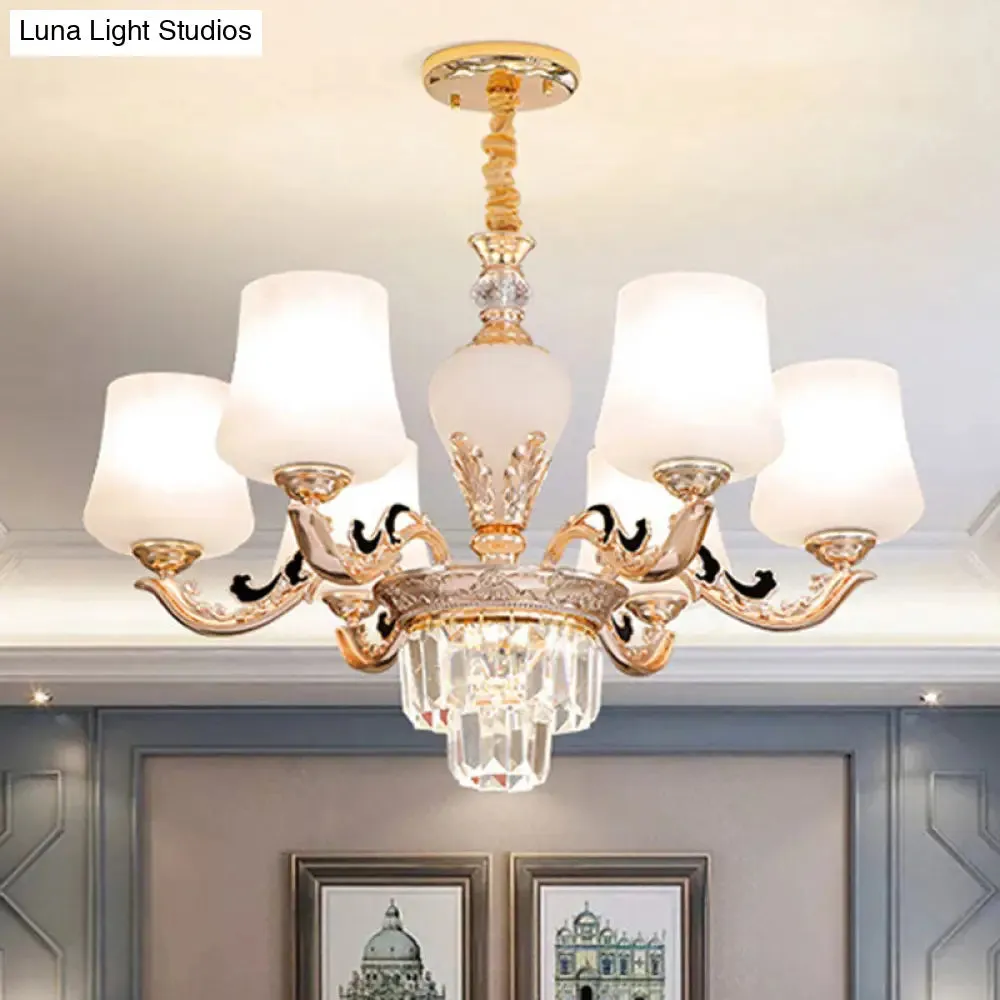 Gold Tapered Chandelier Lamp: Elegant Pendulum Light with White Frosted Glass Shade for Living Room