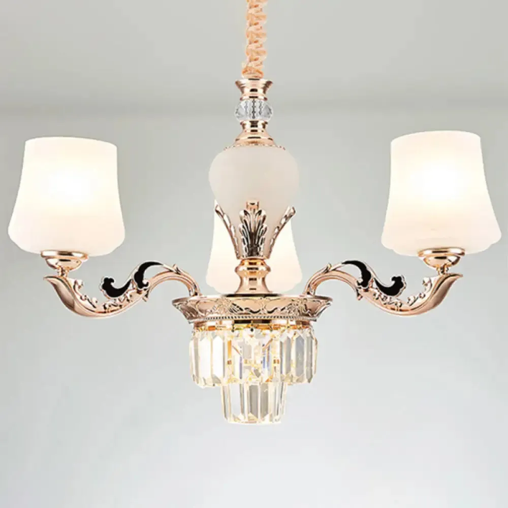 Gold Tapered Chandelier Lamp: Elegant Pendulum Light with White Frosted Glass Shade for Living Room