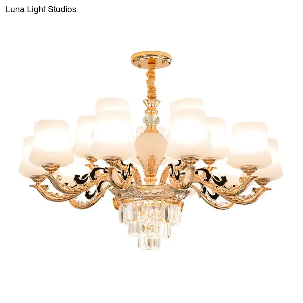 Gold Tapered Chandelier Lamp: Elegant Pendulum Light with White Frosted Glass Shade for Living Room