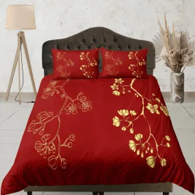 Golden Floral Red Duvet Cover Set Bedspread, Dorm Bedding with Pillowcase