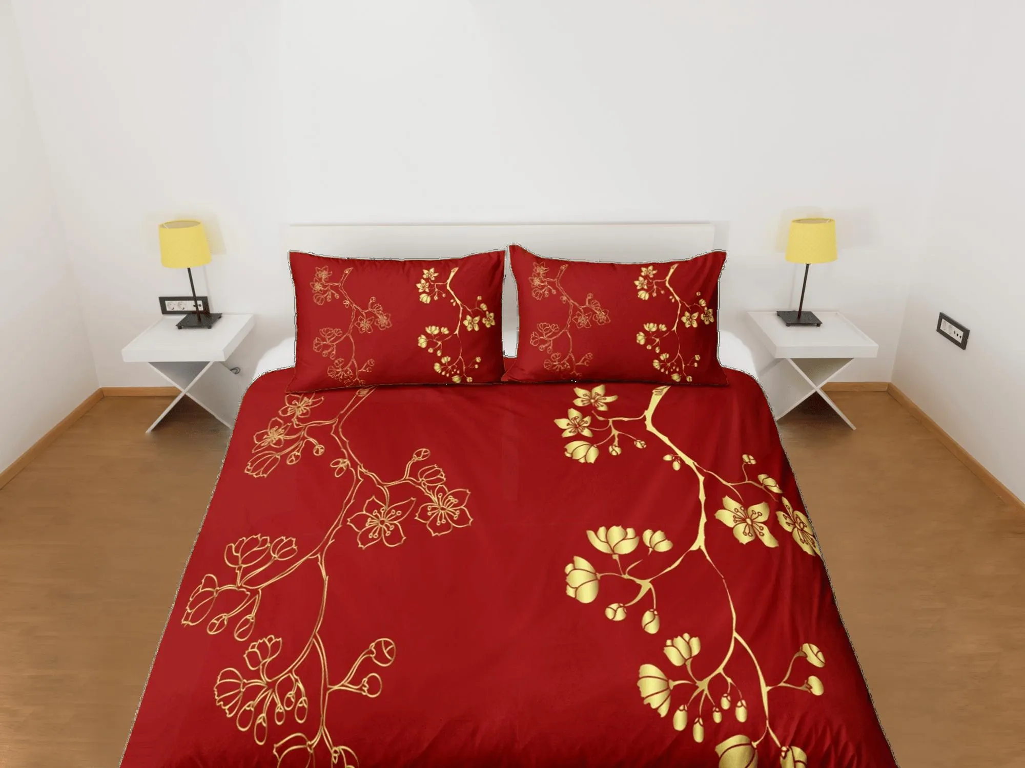 Golden Floral Red Duvet Cover Set Bedspread, Dorm Bedding with Pillowcase