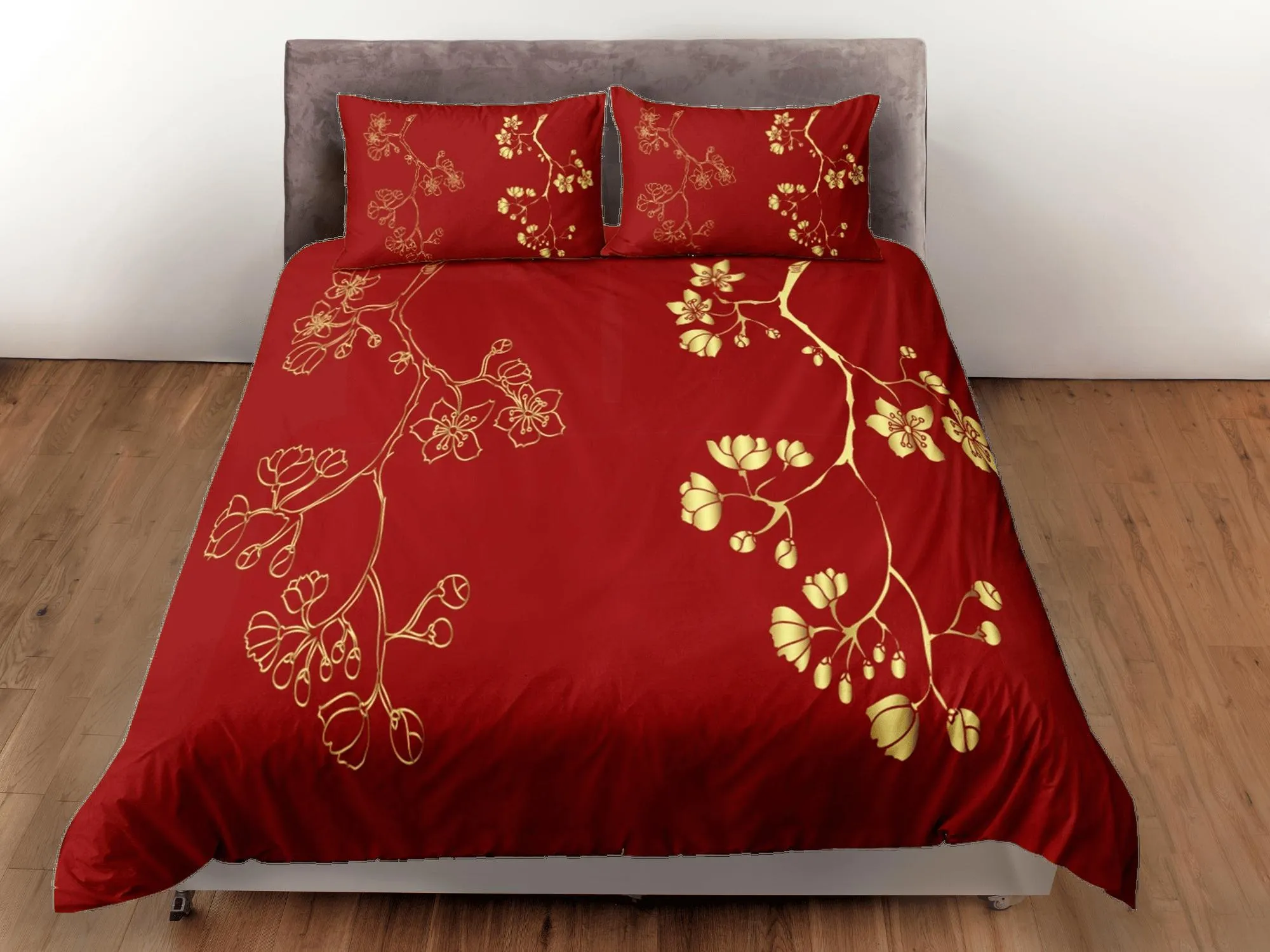 Golden Floral Red Duvet Cover Set Bedspread, Dorm Bedding with Pillowcase