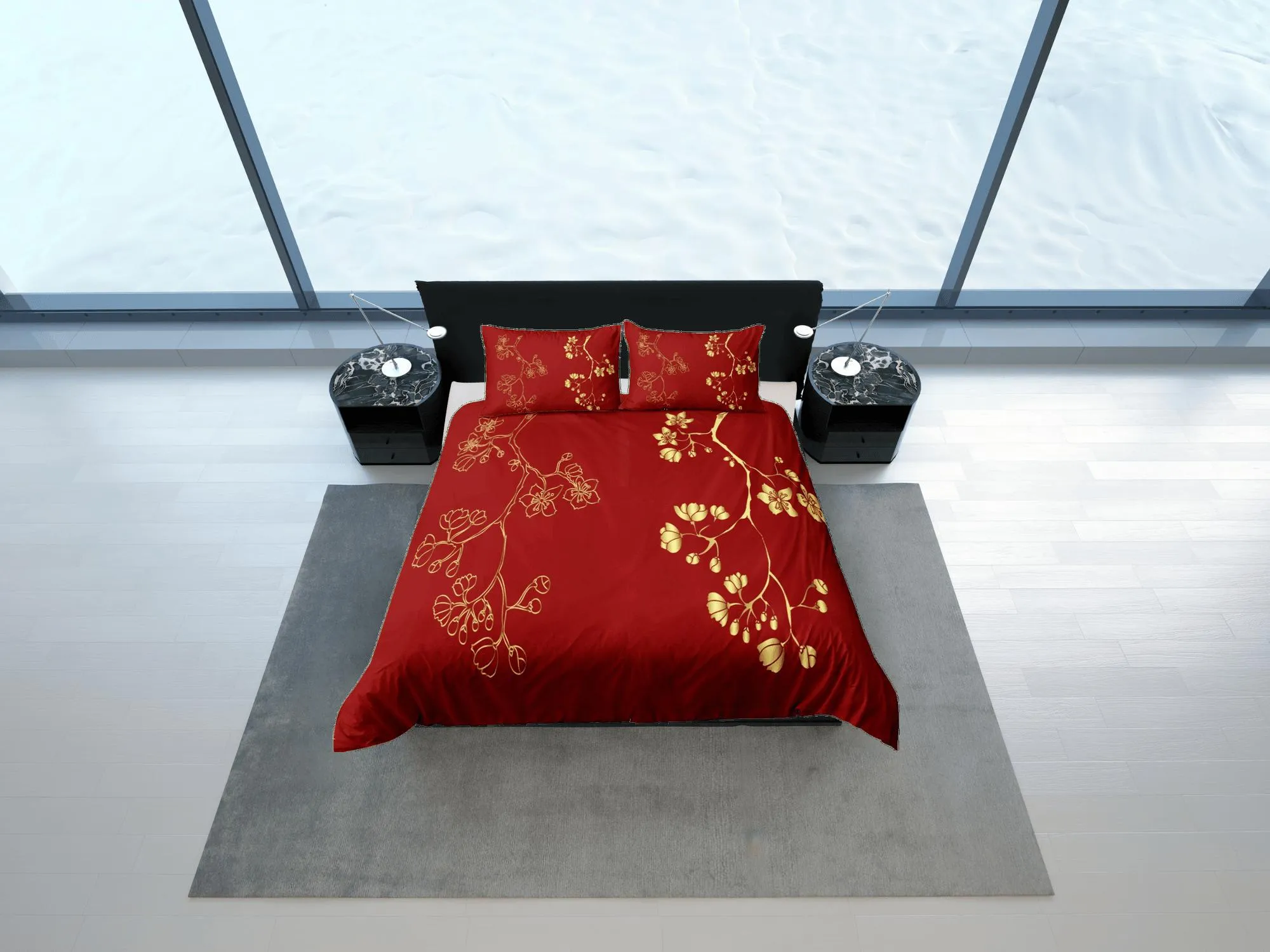 Golden Floral Red Duvet Cover Set Bedspread, Dorm Bedding with Pillowcase