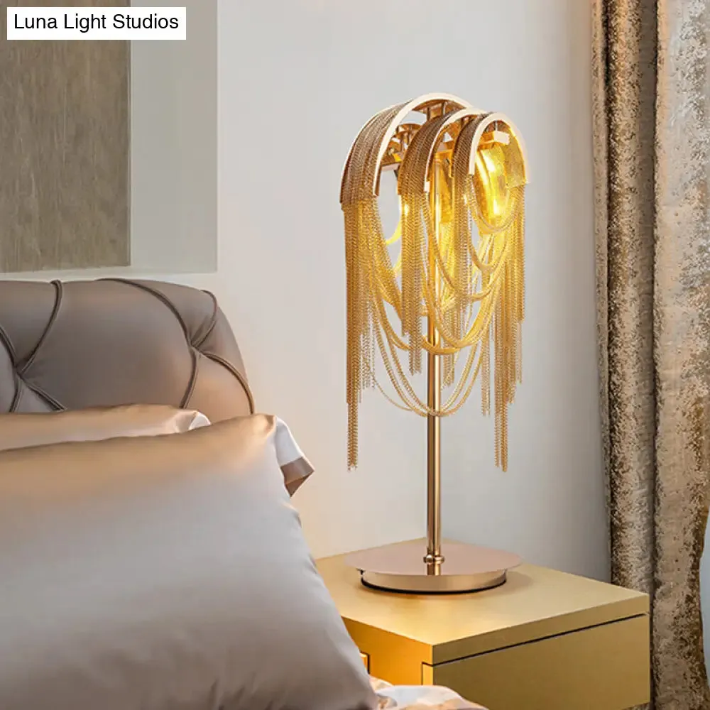 Golden Mid Century Tassel Chain Night Lamp with Aluminum Finish - Bedside Table Lighting