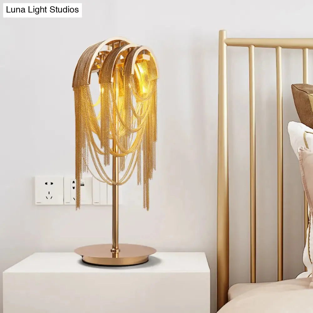 Golden Mid Century Tassel Chain Night Lamp with Aluminum Finish - Bedside Table Lighting