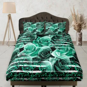 Green Hue Roses Fitted Bedsheet Deep Pocket, Floral Prints, Aesthetic Boho Bedding Set Full, Dorm Bedding, Crib Sheet, King, Queen, Double