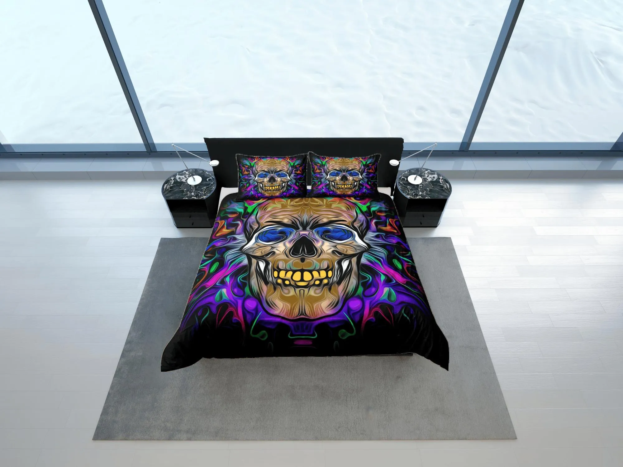 Halloween Bedding Hippie Neon Colors Skull Duvet Cover Set Colorful Bedspread, Dorm Bedding Pillowcase, Halloween Gift Teens Kids Adults