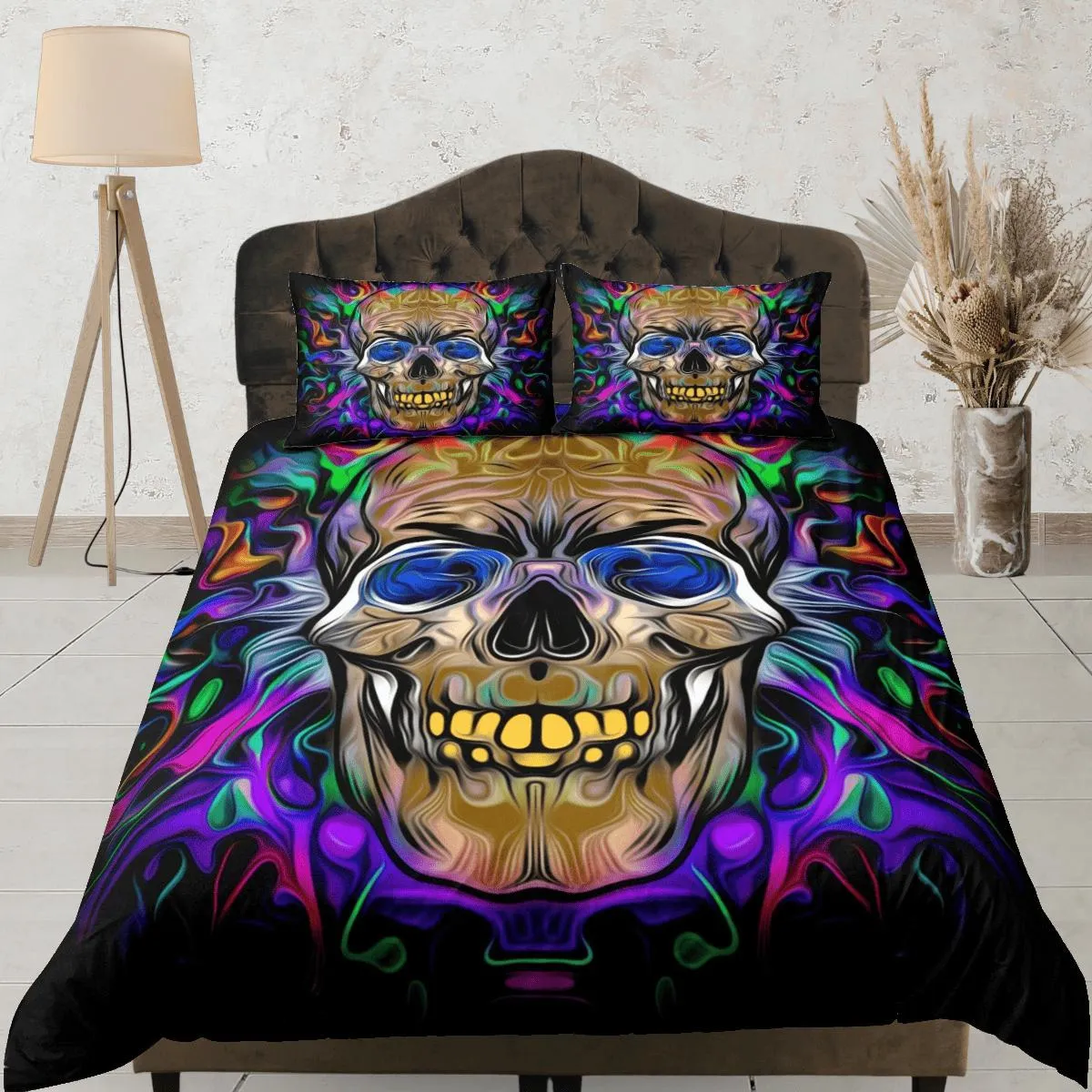 Halloween Bedding Hippie Neon Colors Skull Duvet Cover Set Colorful Bedspread, Dorm Bedding Pillowcase, Halloween Gift Teens Kids Adults