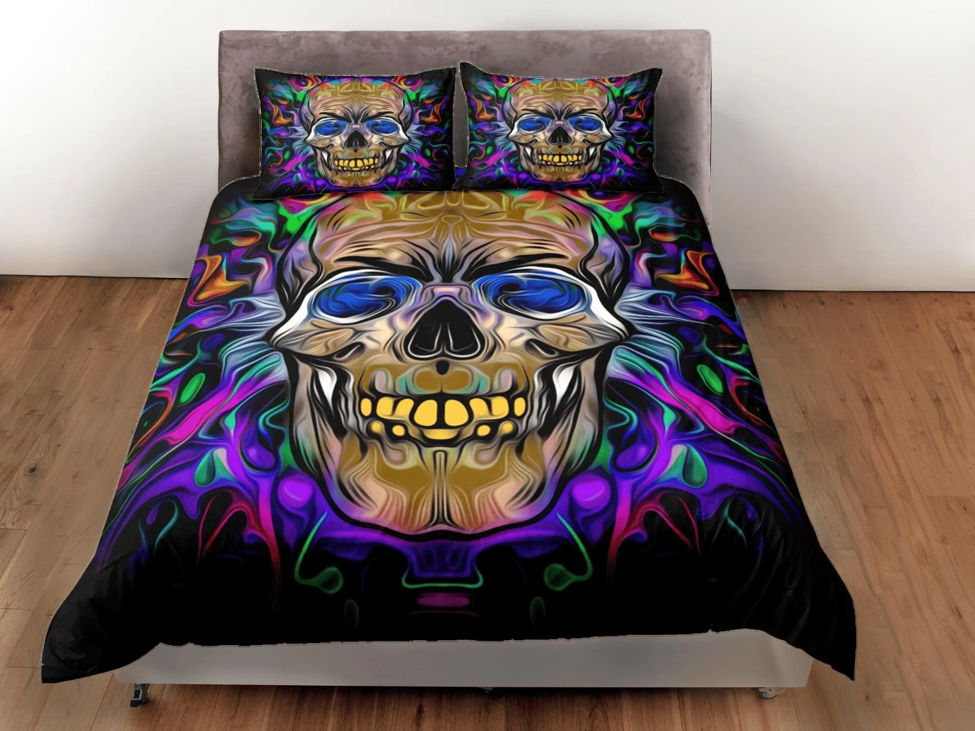 Halloween Bedding Hippie Neon Colors Skull Duvet Cover Set Colorful Bedspread, Dorm Bedding Pillowcase, Halloween Gift Teens Kids Adults