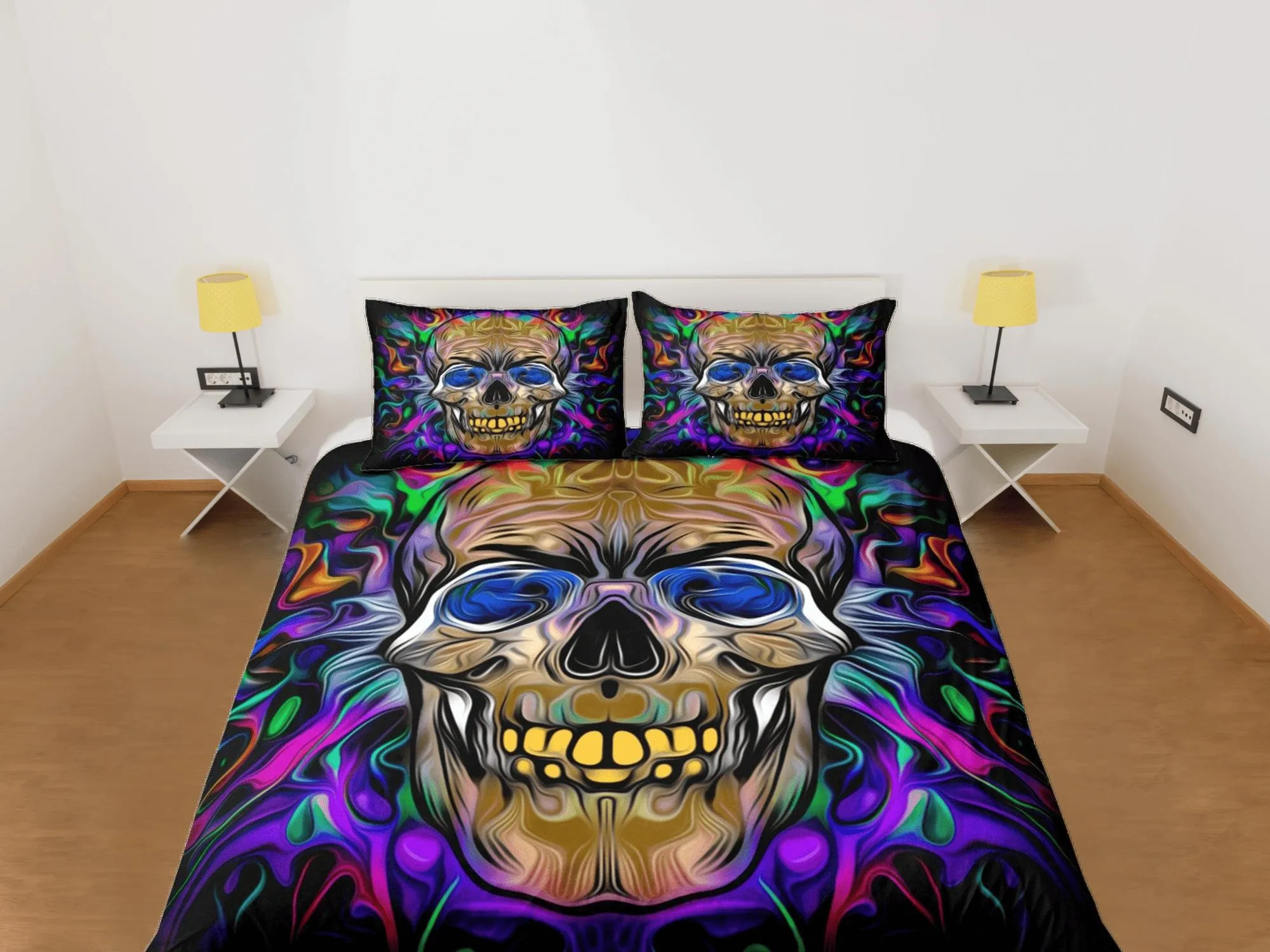 Halloween Bedding Hippie Neon Colors Skull Duvet Cover Set Colorful Bedspread, Dorm Bedding Pillowcase, Halloween Gift Teens Kids Adults