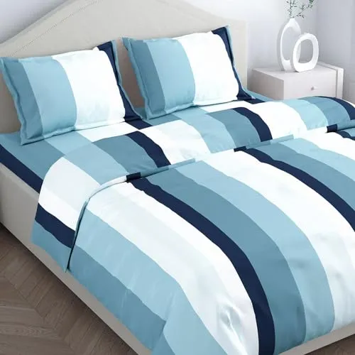 Haus & Kinder 100% Cotton Bed Sheet for King Size Bed, 1 King Size Bedsheet Cotton (108 x 108 Inches) with 2 Pillow Covers | 186 TC Bedsheet for Double Bed King Size | Coastal Stripes Navy