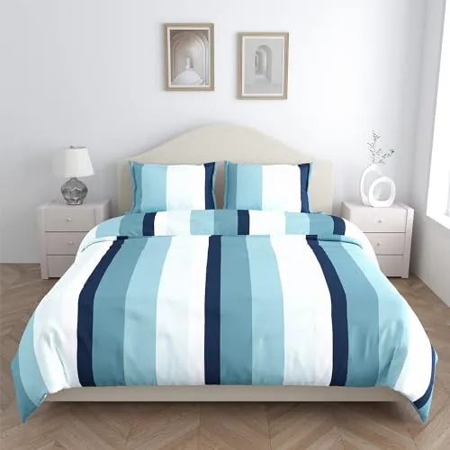 Haus & Kinder 100% Cotton Bed Sheet for King Size Bed, 1 King Size Bedsheet Cotton (108 x 108 Inches) with 2 Pillow Covers | 186 TC Bedsheet for Double Bed King Size | Coastal Stripes Navy