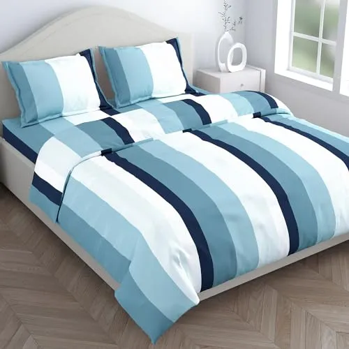 Haus & Kinder 100% Cotton Bed Sheet for King Size Bed, 1 King Size Bedsheet Cotton (108 x 108 Inches) with 2 Pillow Covers | 186 TC Bedsheet for Double Bed King Size | Coastal Stripes Navy