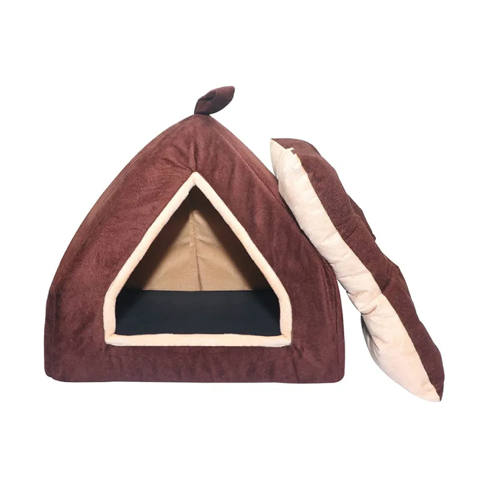 Hiputee Luxurious Soft Velvet Hut Bed for Toy Breed Dogs and Cats Length Brown