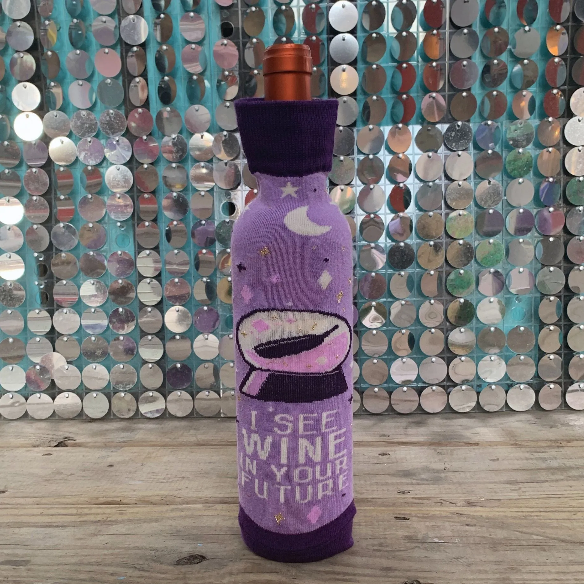 I See Wine In Your Future Knit Bottle Sock in Purple | Reusable Gift Bag for Gifting Wine