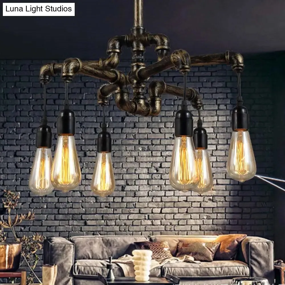 Industrial Iron Pipe Chandelier with 4/6 Lights - Black/Bronze Suspension Pendant for Dining Table