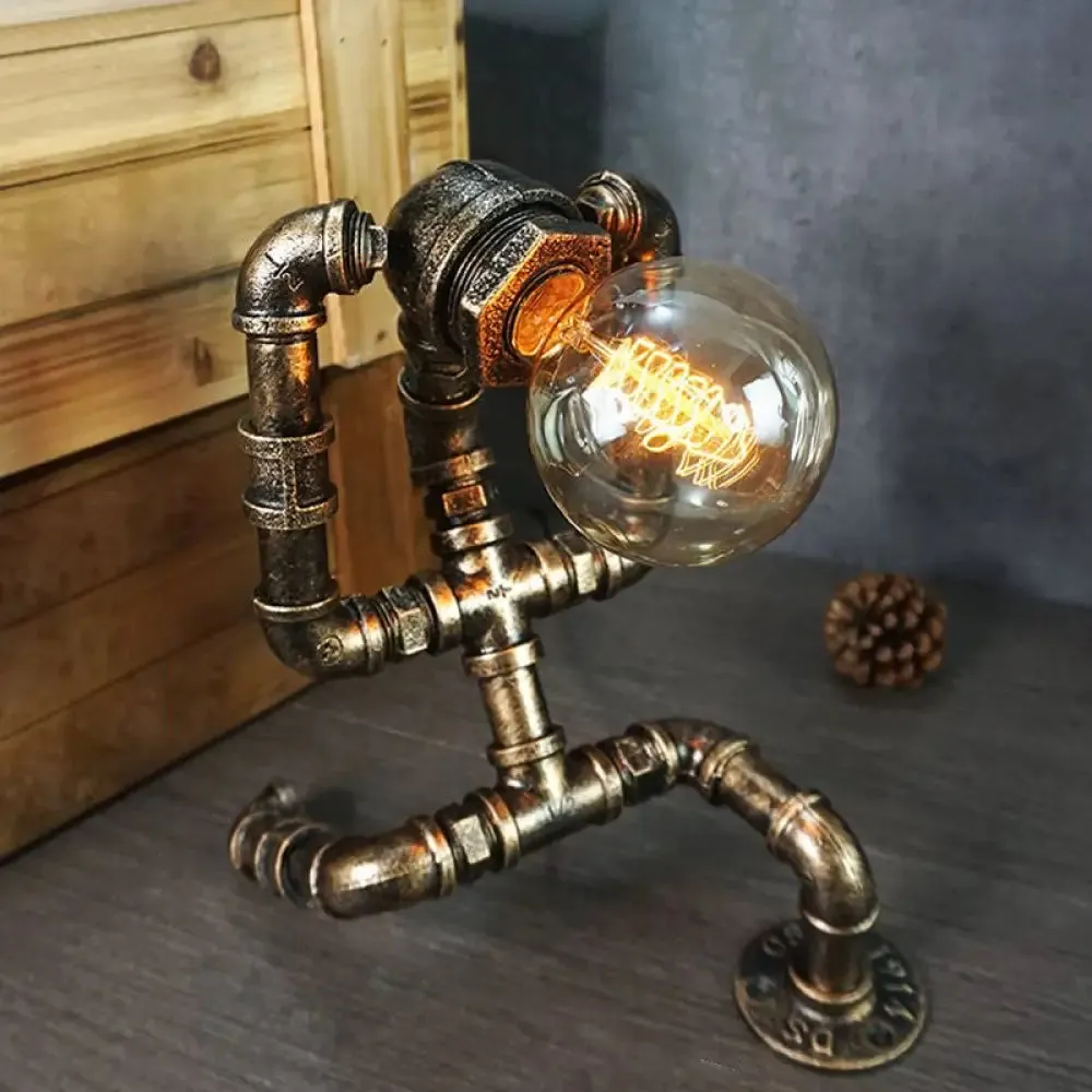 Iron Pipe Art Night Lamp - Industrial Table Light in Bronze for Boys Room