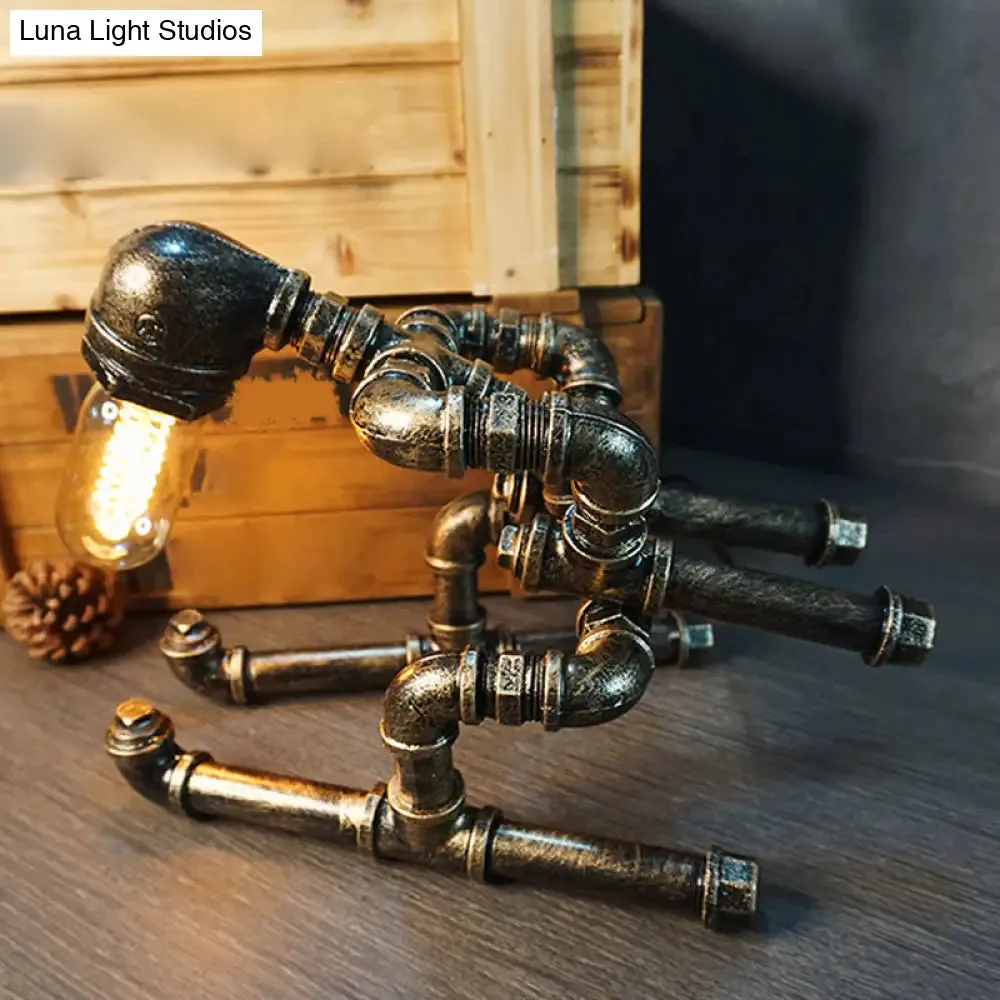 Iron Pipe Art Night Lamp - Industrial Table Light in Bronze for Boys Room