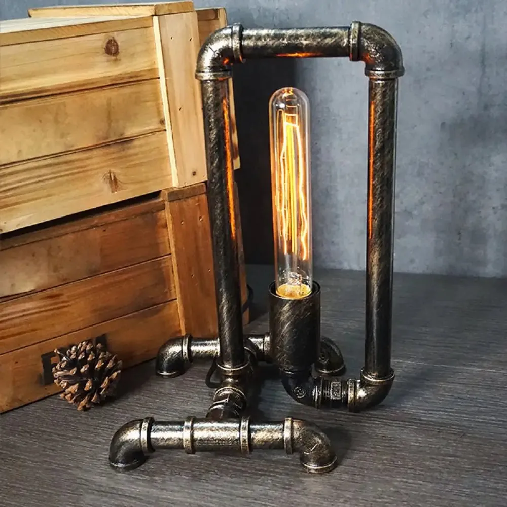 Iron Pipe Art Night Lamp - Industrial Table Light in Bronze for Boys Room