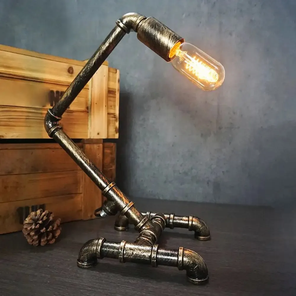 Iron Pipe Art Night Lamp - Industrial Table Light in Bronze for Boys Room