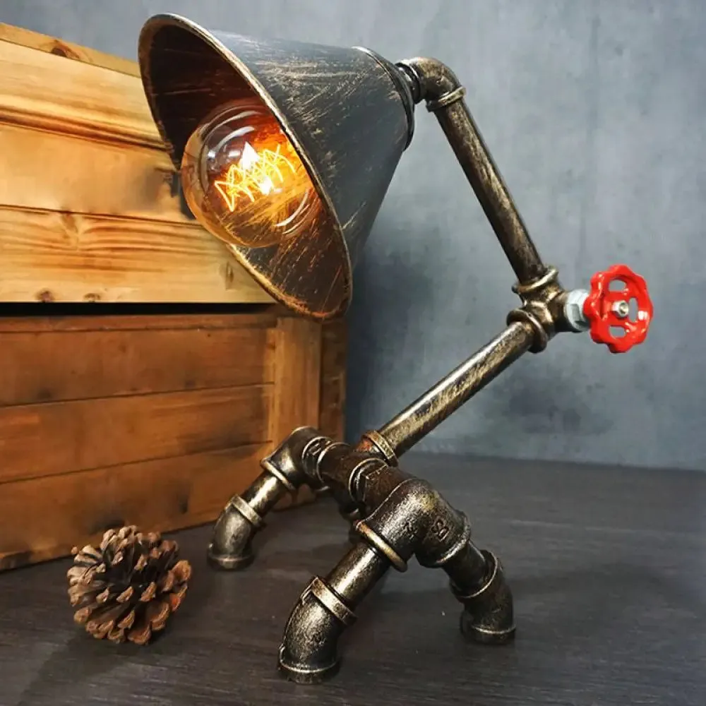 Iron Pipe Art Night Lamp - Industrial Table Light in Bronze for Boys Room