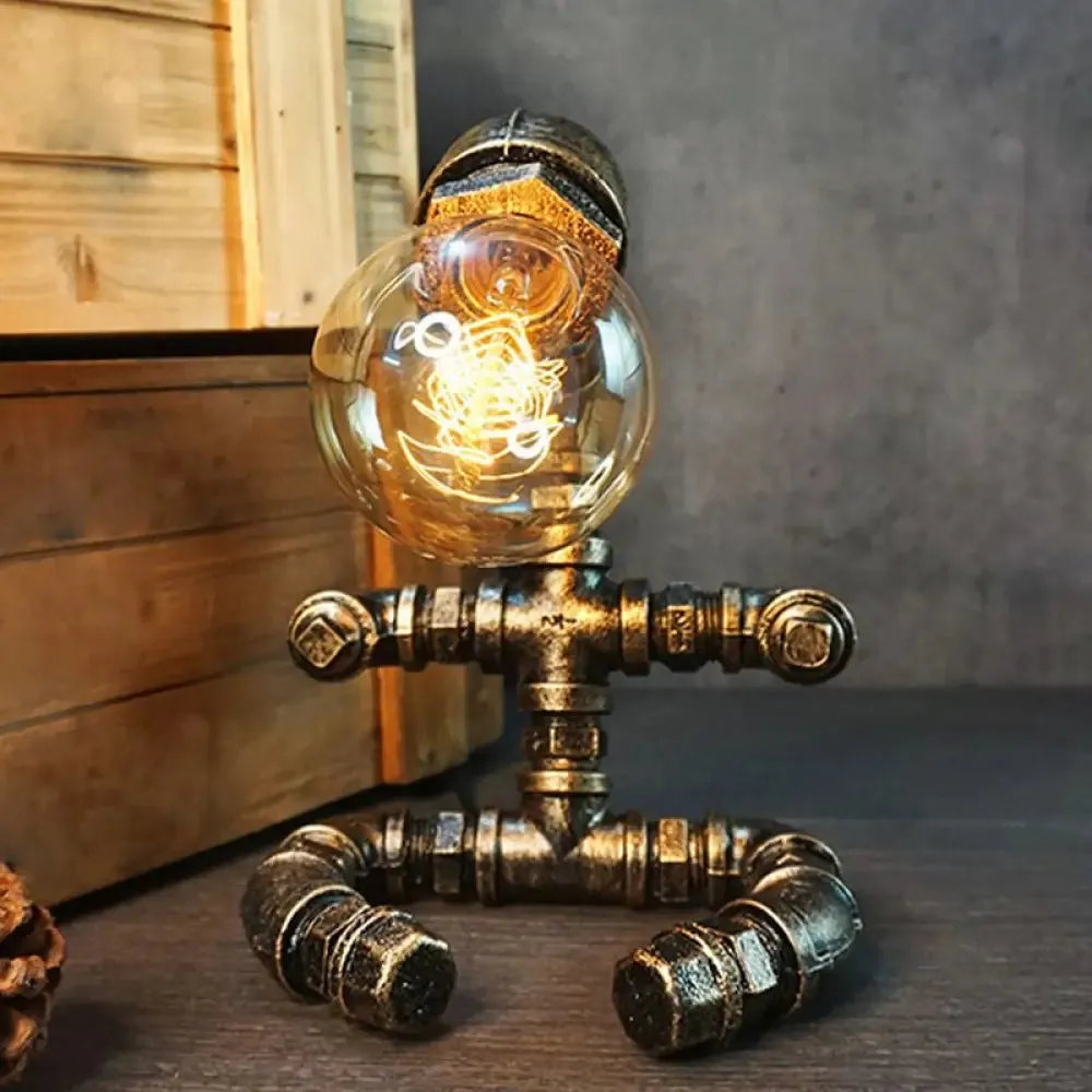 Iron Pipe Art Night Lamp - Industrial Table Light in Bronze for Boys Room