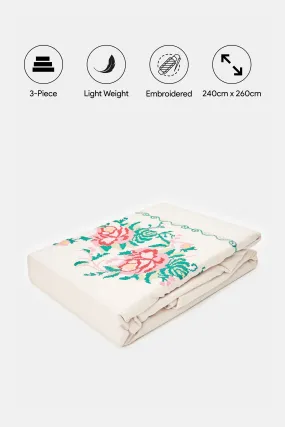 Ivory Floral Cross Stitch Embroidery Duvet Cover Set (King Size)