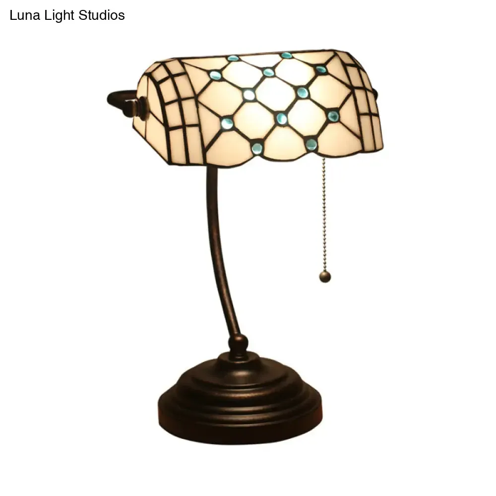 Jeweled Beige Glass Pull Chain Tiffany Style Table Lamp in Blue/Gold with Curved Arm