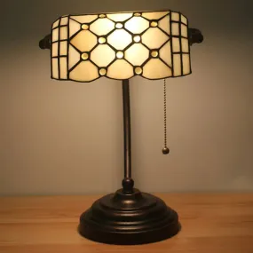 Jeweled Beige Glass Pull Chain Tiffany Style Table Lamp in Blue/Gold with Curved Arm