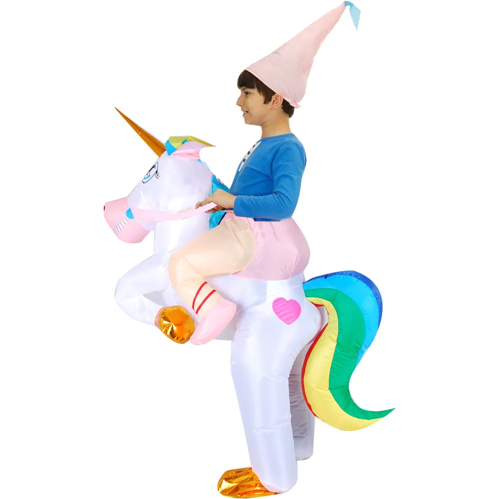 Kids Adult Halloween Inflatable Costumes, Riding a Unicorn, Ride-on Air Blow-up Deluxe Set with Hat