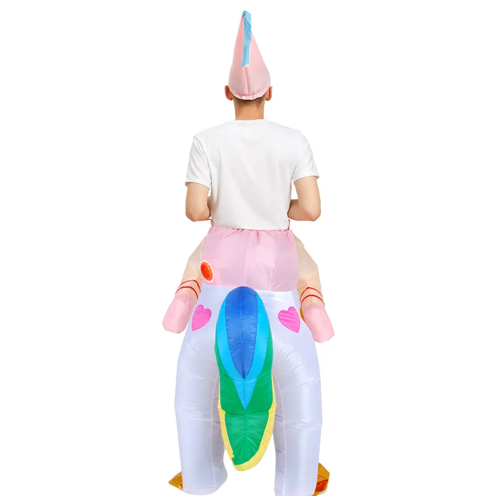 Kids Adult Halloween Inflatable Costumes, Riding a Unicorn, Ride-on Air Blow-up Deluxe Set with Hat