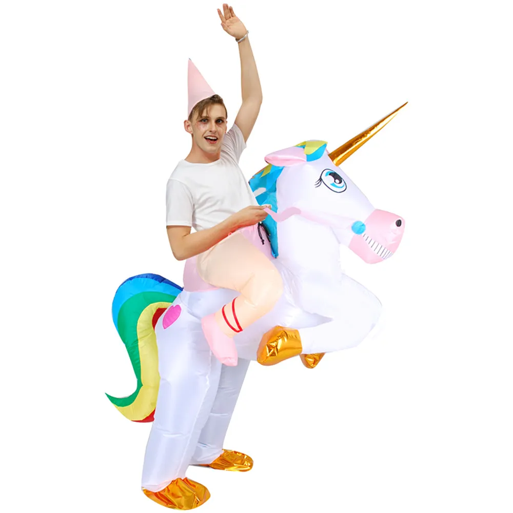 Kids Adult Halloween Inflatable Costumes, Riding a Unicorn, Ride-on Air Blow-up Deluxe Set with Hat