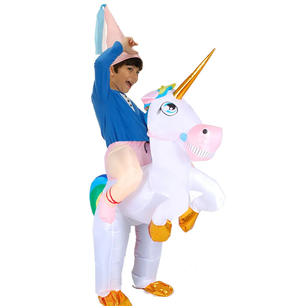 Kids Adult Halloween Inflatable Costumes, Riding a Unicorn, Ride-on Air Blow-up Deluxe Set with Hat