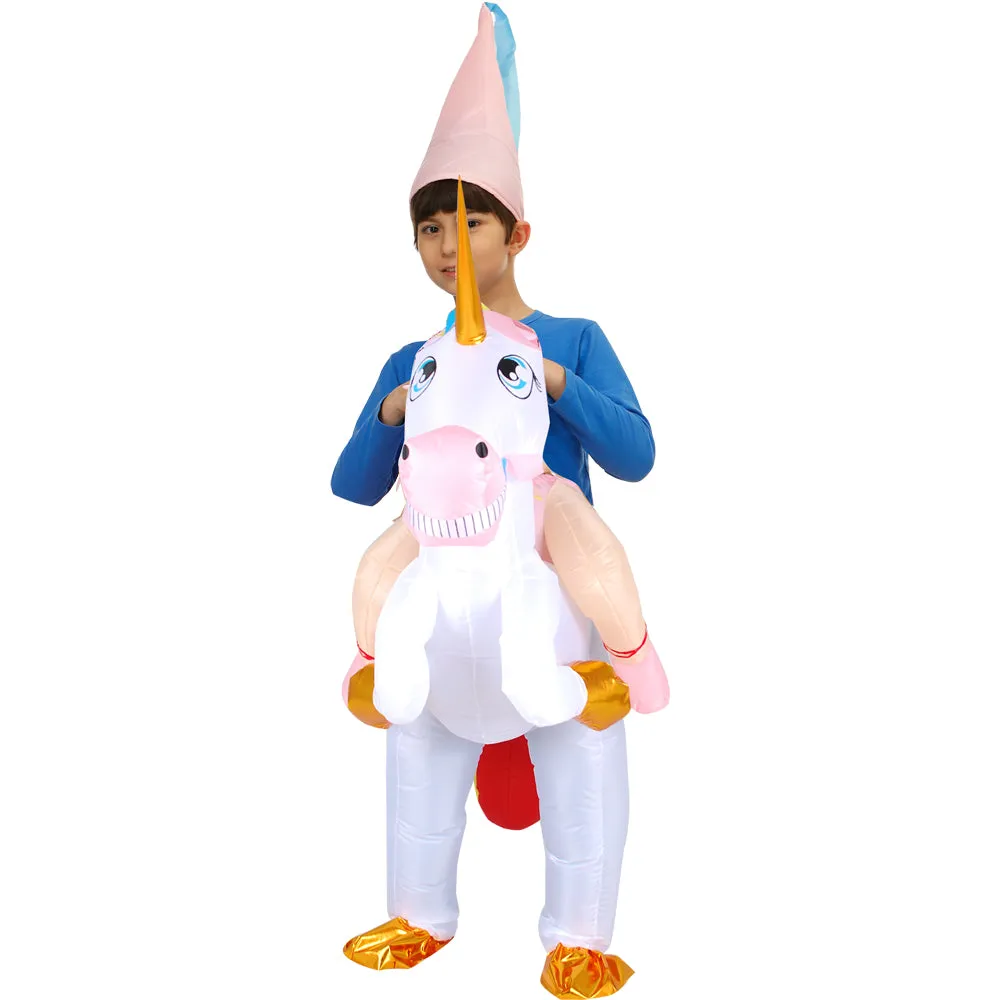 Kids Adult Halloween Inflatable Costumes, Riding a Unicorn, Ride-on Air Blow-up Deluxe Set with Hat