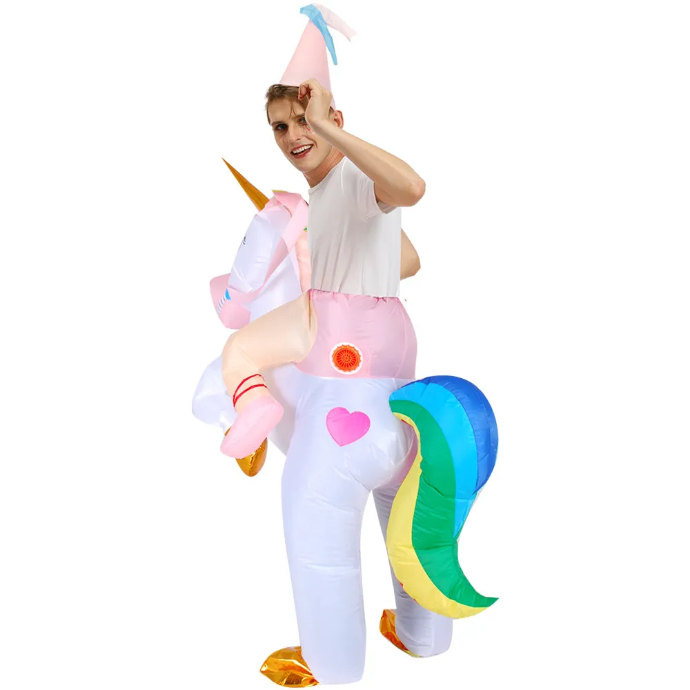 Kids Adult Halloween Inflatable Costumes, Riding a Unicorn, Ride-on Air Blow-up Deluxe Set with Hat