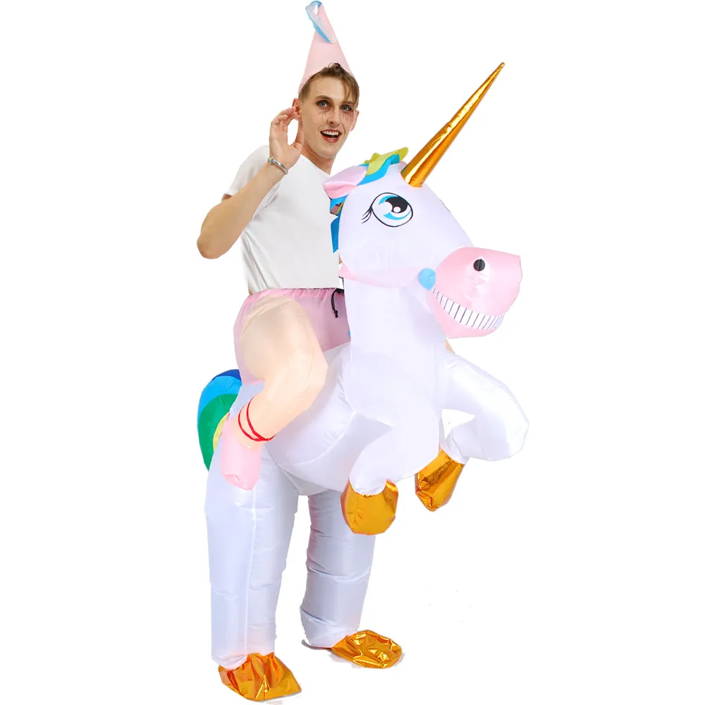 Kids Adult Halloween Inflatable Costumes, Riding a Unicorn, Ride-on Air Blow-up Deluxe Set with Hat