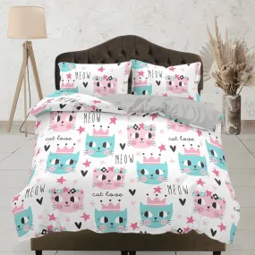 King cat and girly cat bedding, toddler bedding, kids duvet cover set, gift for cat lovers, baby bedding, baby shower gift, colorful bedding