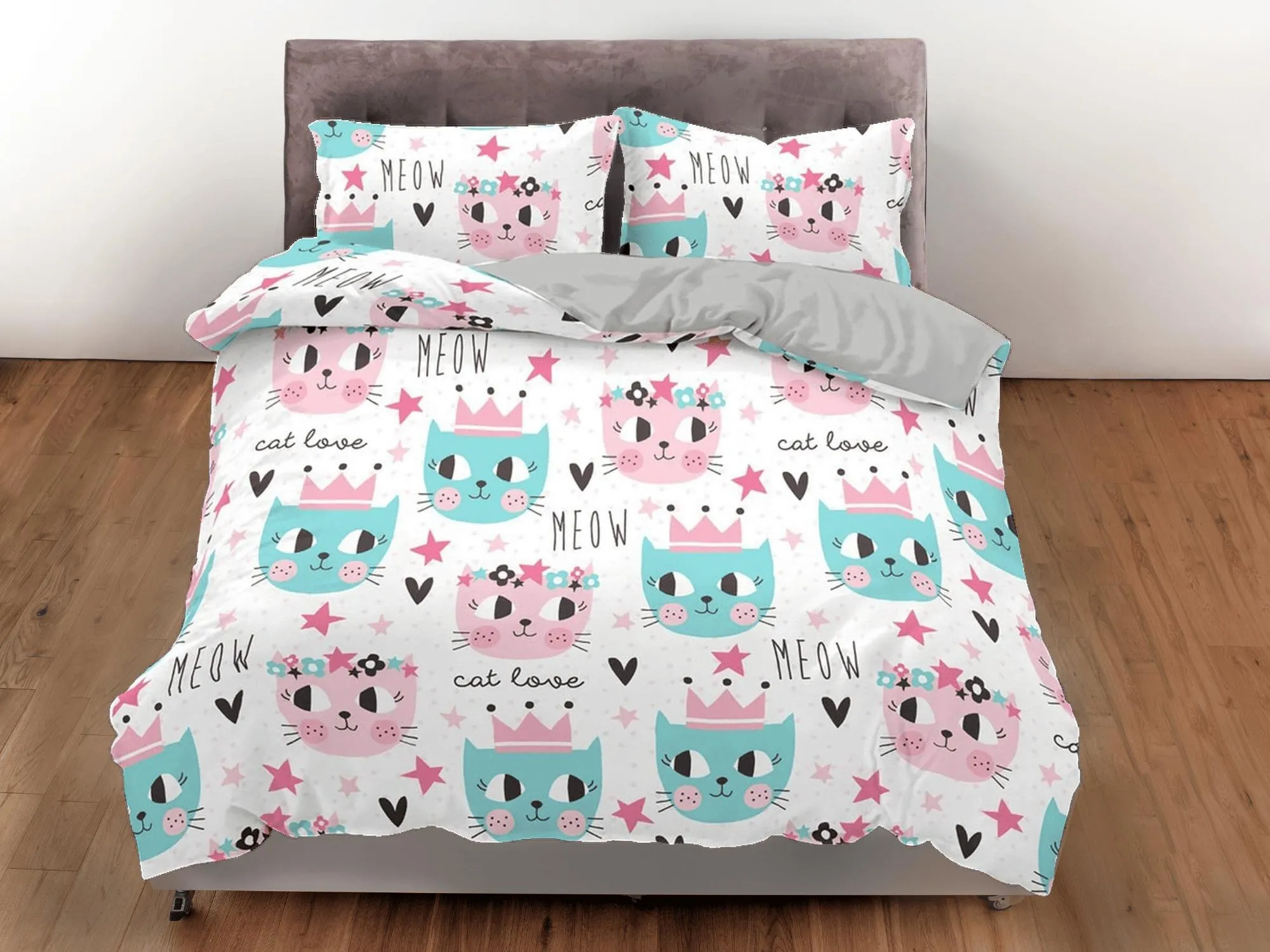 King cat and girly cat bedding, toddler bedding, kids duvet cover set, gift for cat lovers, baby bedding, baby shower gift, colorful bedding