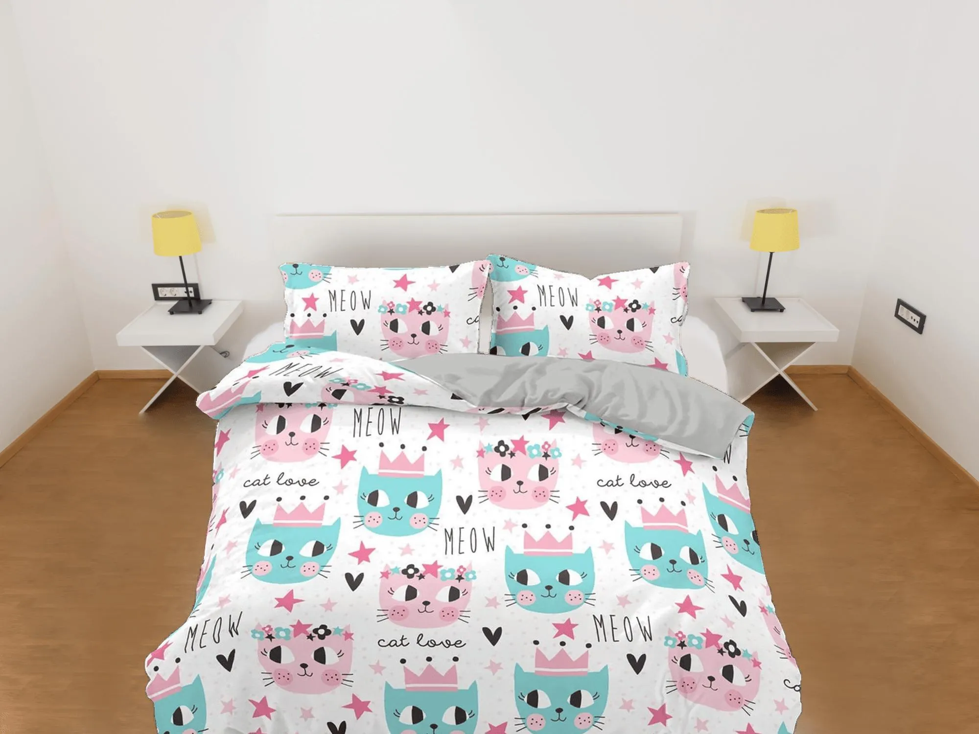 King cat and girly cat bedding, toddler bedding, kids duvet cover set, gift for cat lovers, baby bedding, baby shower gift, colorful bedding