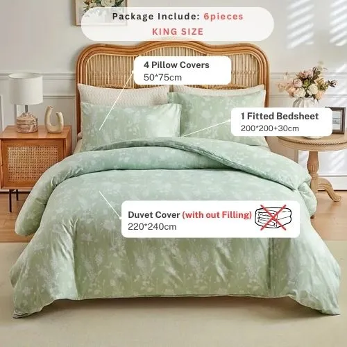 King size 6 piece duvet cover set green floral bedding set.