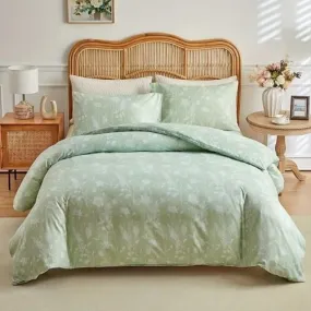 King size 6 piece duvet cover set green floral bedding set.