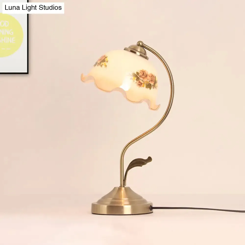 Korean Garden Metal 1-Bulb Brass Gooseneck Nightstand Lamp with Flower Glass Shade