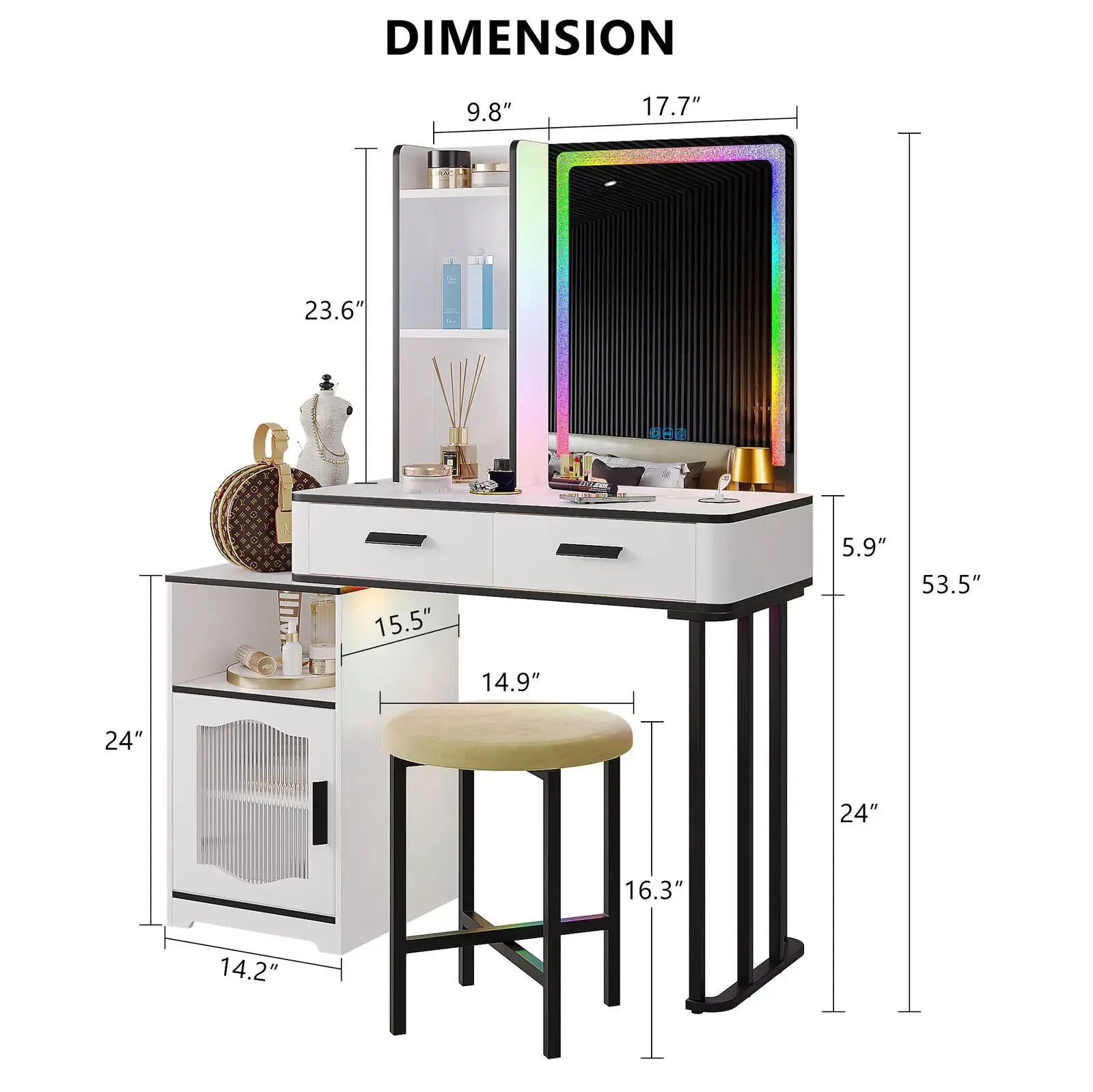 LED Vanity Makeup Table Set with Smart 7-Color Light and Charging Station