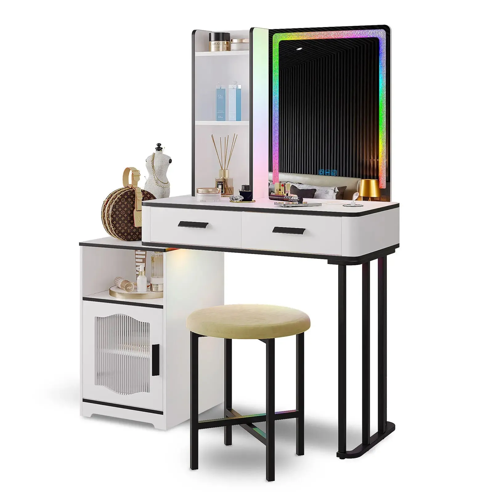 LED Vanity Makeup Table Set with Smart 7-Color Light and Charging Station